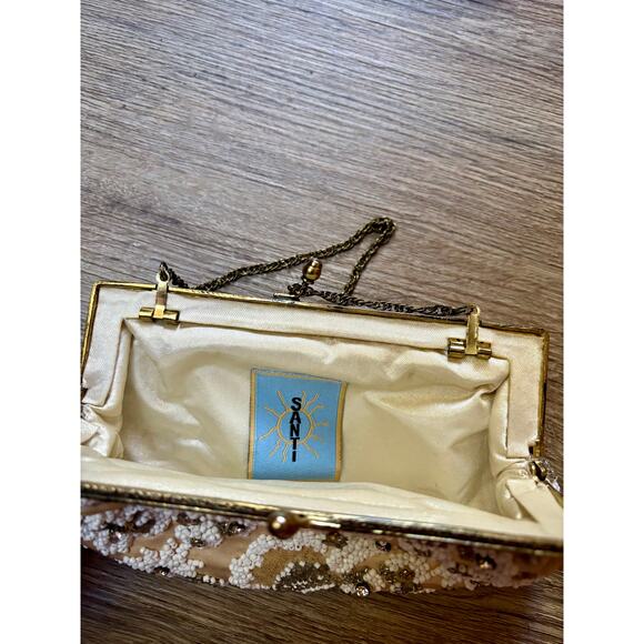 Vintage 90's Santi Beaded Evening Bag Ivory Floral Glass Beads - Picture 8 of 12